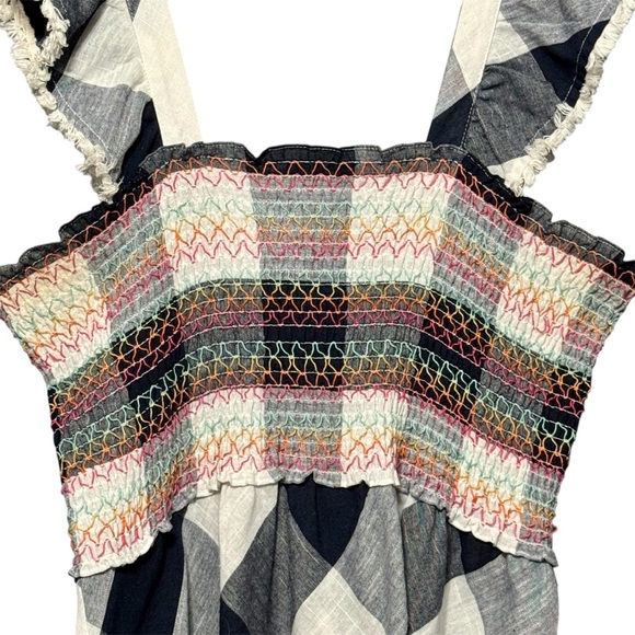 THML Cotton Smocked Bodice Fringe Trim Embroidered Gingham Plaid Sleeveless Top - Picture 4 of 11